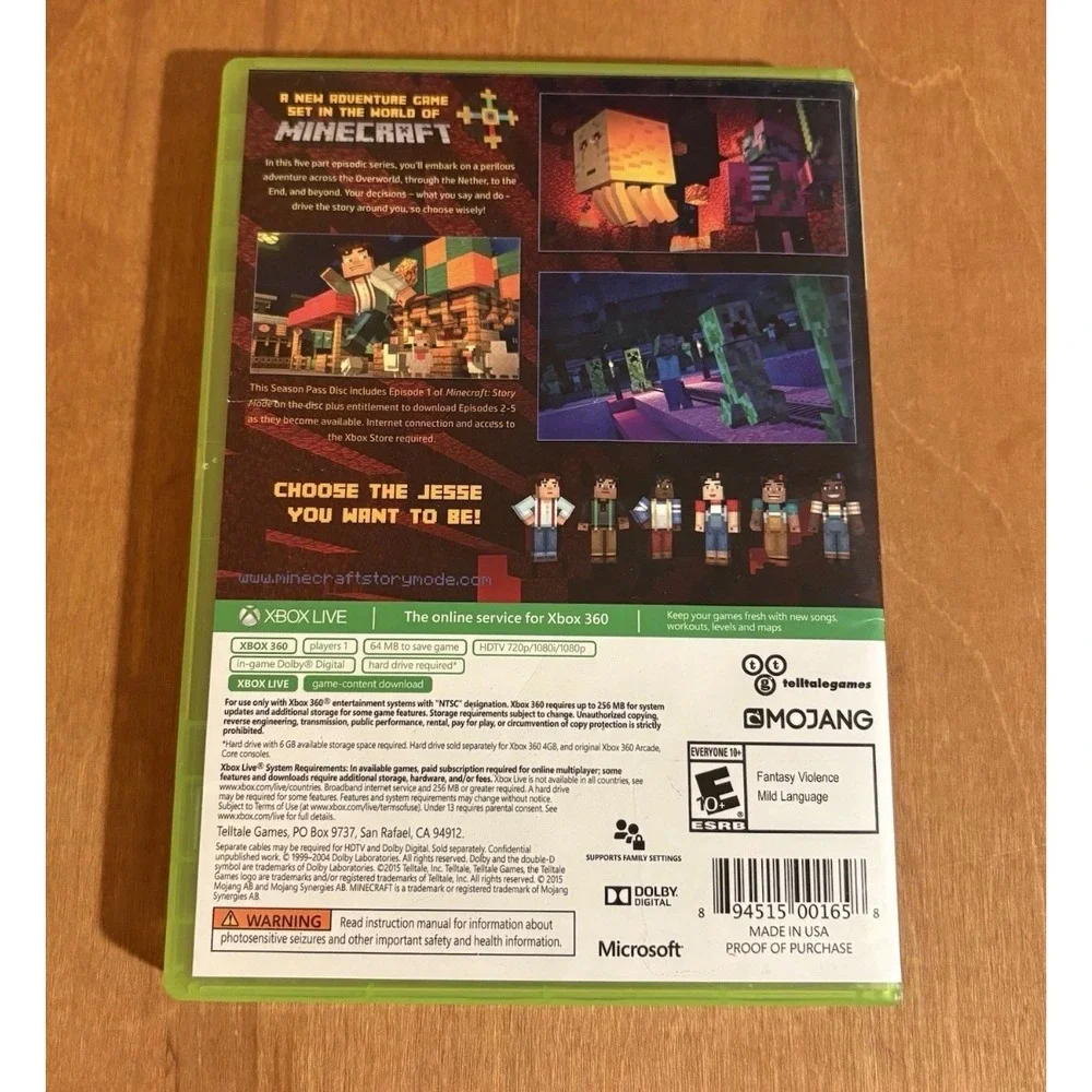 Minecraft Story Mode Season‎ Pass Disc Xbox 360 2015 Telltale Games NTSC